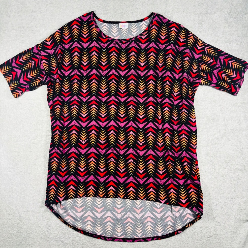 LuLaRoe Irma Tunic Women 2XL Black Pink Orange Chevron High Low Short Sleeve Top